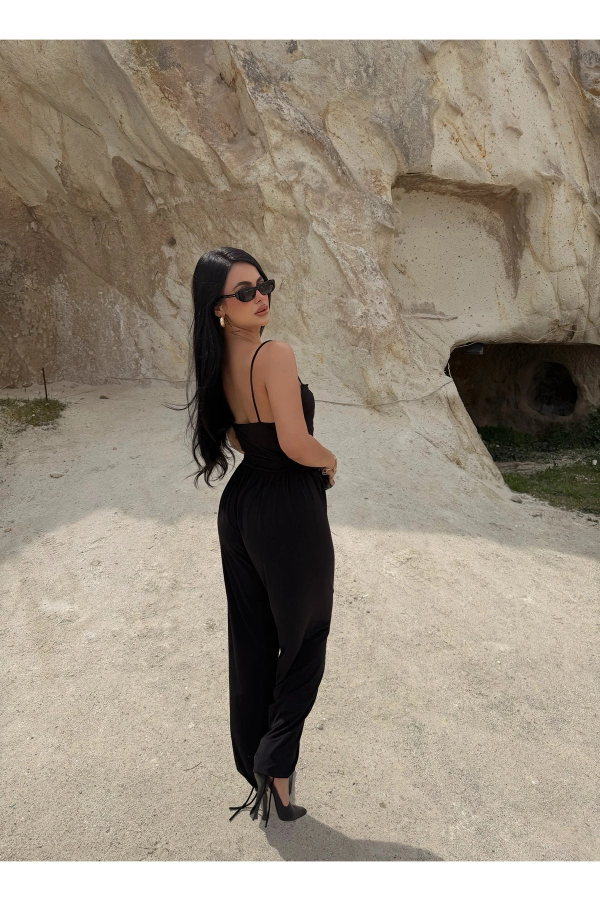 Black Luxe Draped Strap Jumpsuit