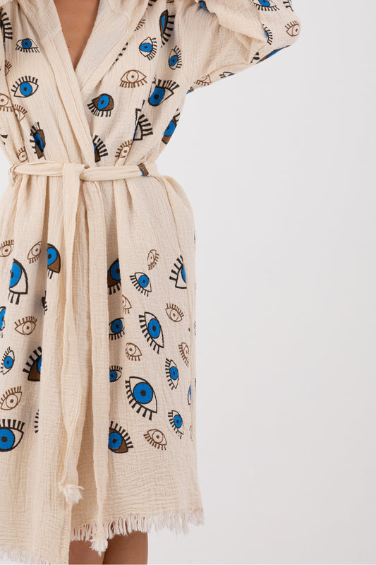 Dokubba Evil-Eye Print Muslin Bathrobe – Ecru