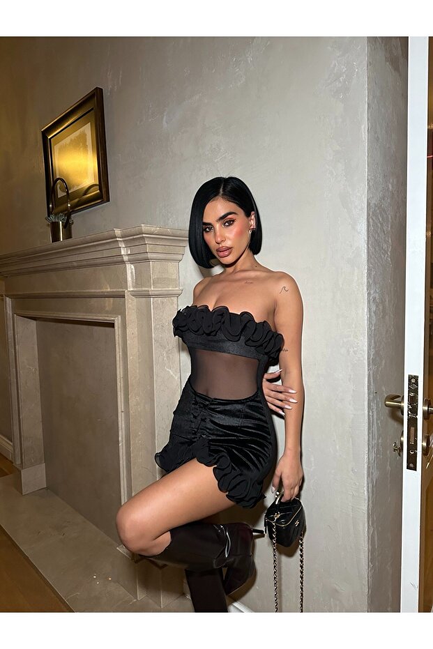 Women's Transparent Detail Ruffle Accessory Velvet Dress - Accessory detail