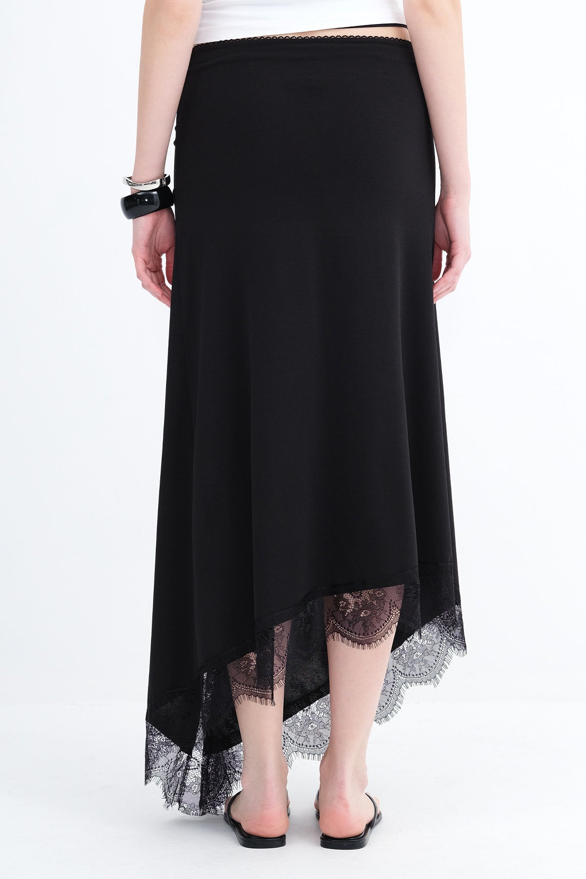 Asymmetric Cut Lace Detail Skirt E381 - Black