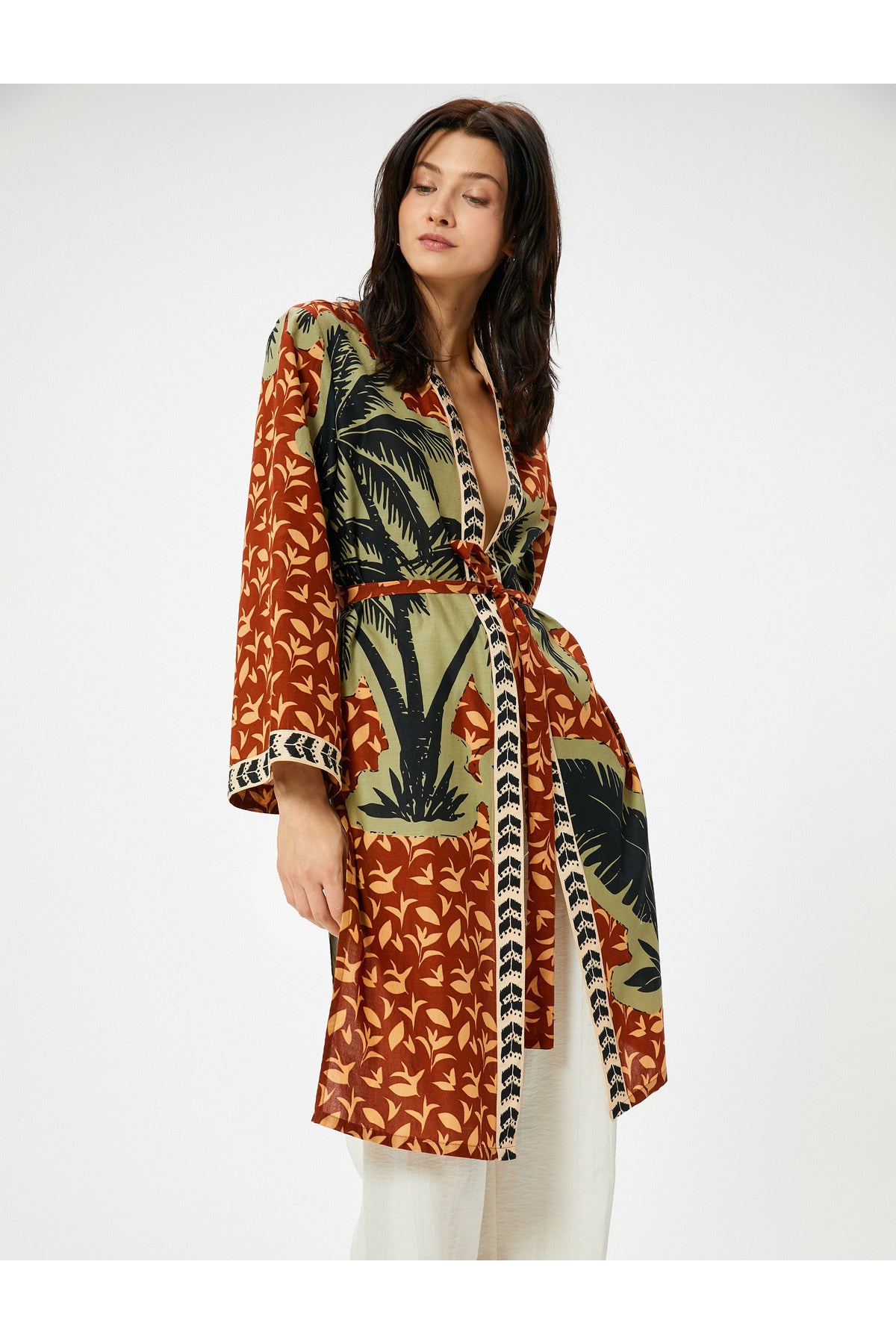 Koton Uzun Kimono Beli Kuşaklı Desenli