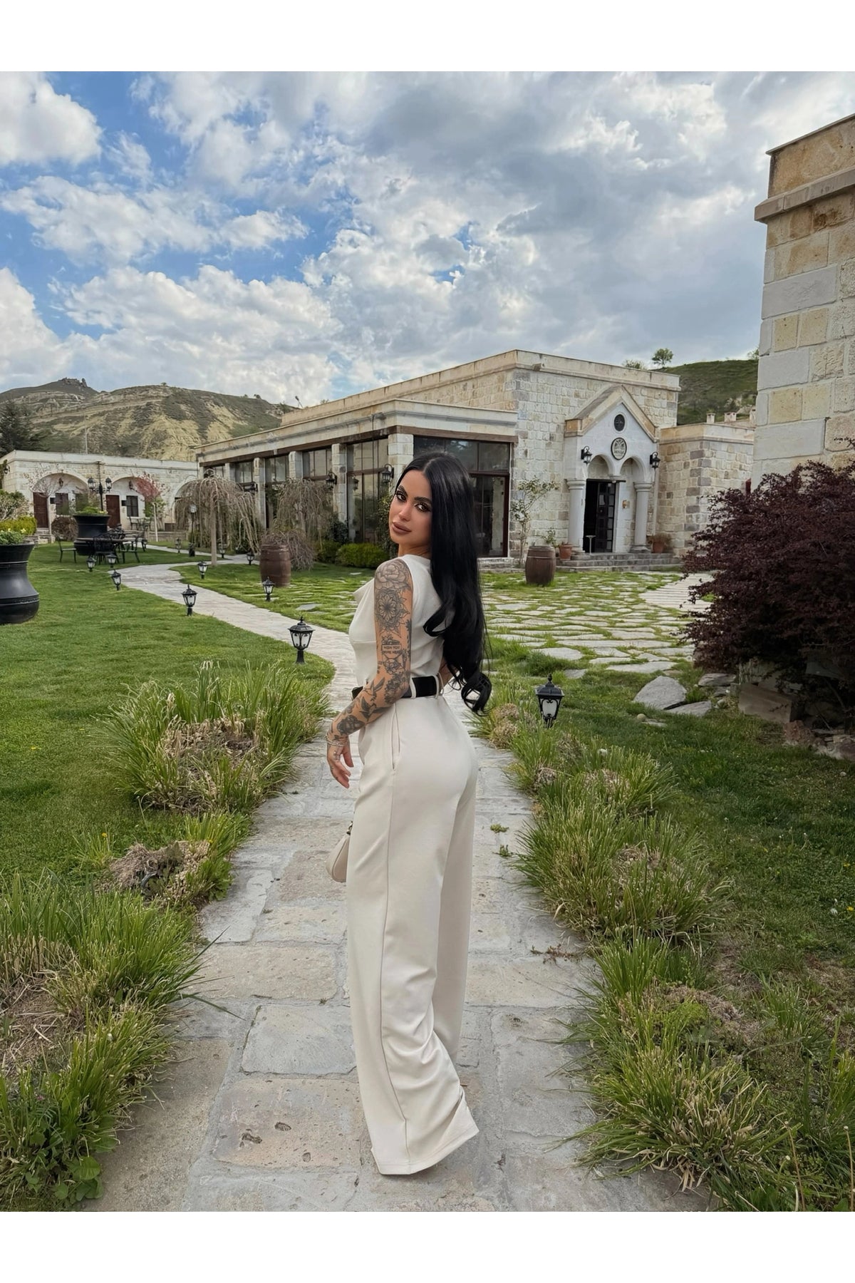 Beige Boat Neck Belted Jumpsuit