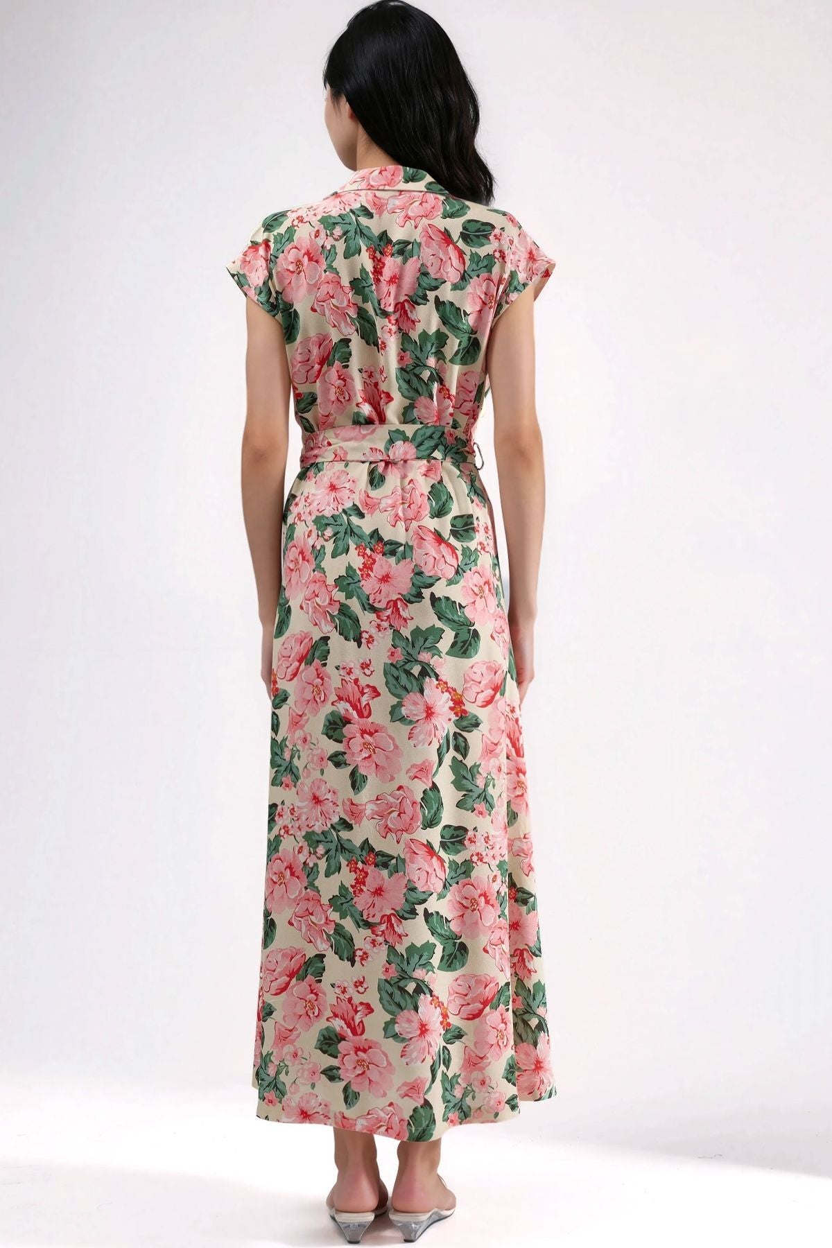 Hiccup Patterned Button-Up Belted Midi Shirt Dress – Pink