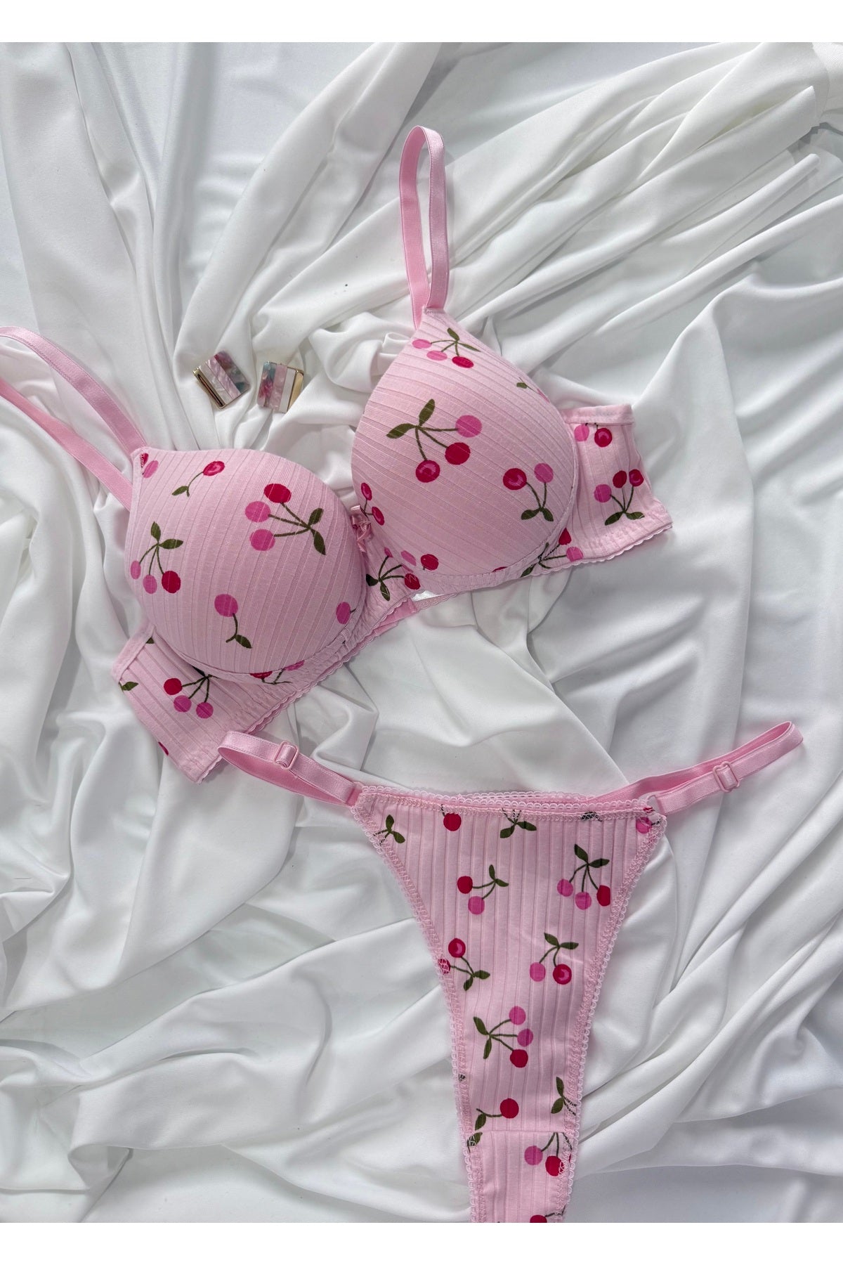 İNKO cherry print pink bra and thong lingerie set