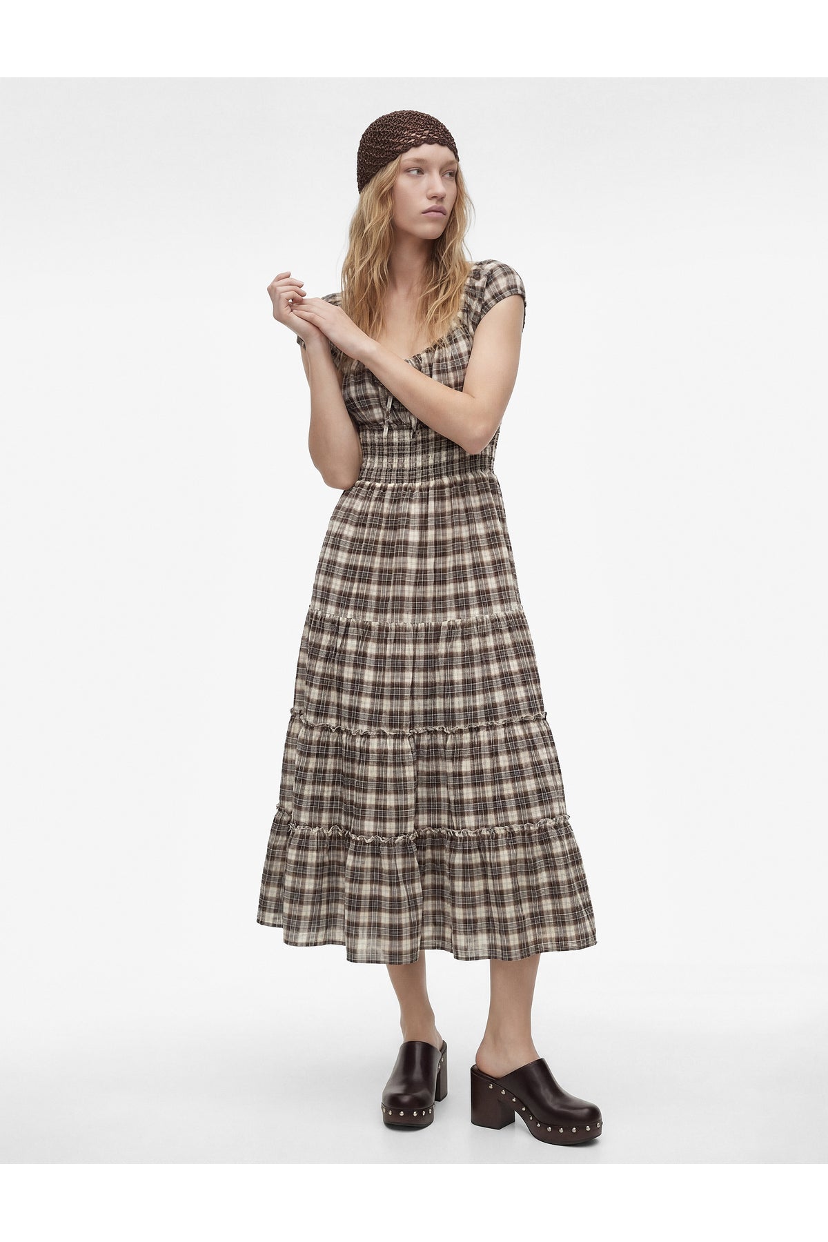 Koton Plaid Tiered Smocked Midi Dress Grey