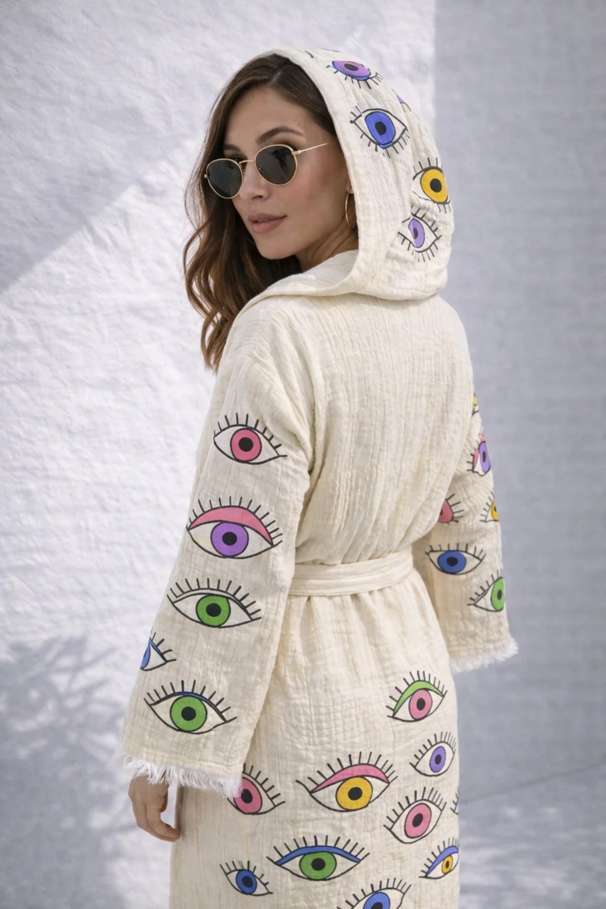 Caspara Muslin Cotton Beach Bornoz Kimono – Rainbow Eye Print