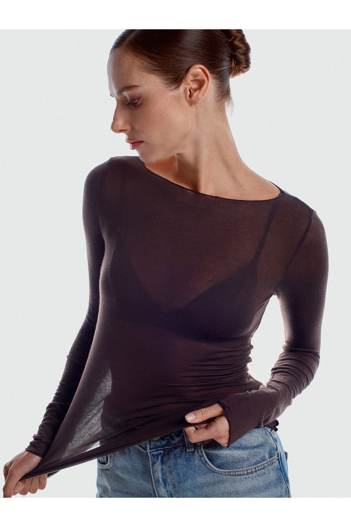 Boat Neck Cashmere-Blend Modal Blouse - Brown