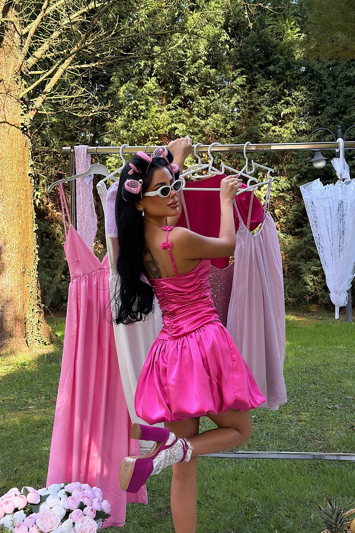 EYYO Cecilia Fuchsia Mini Balloon Dress - Full View