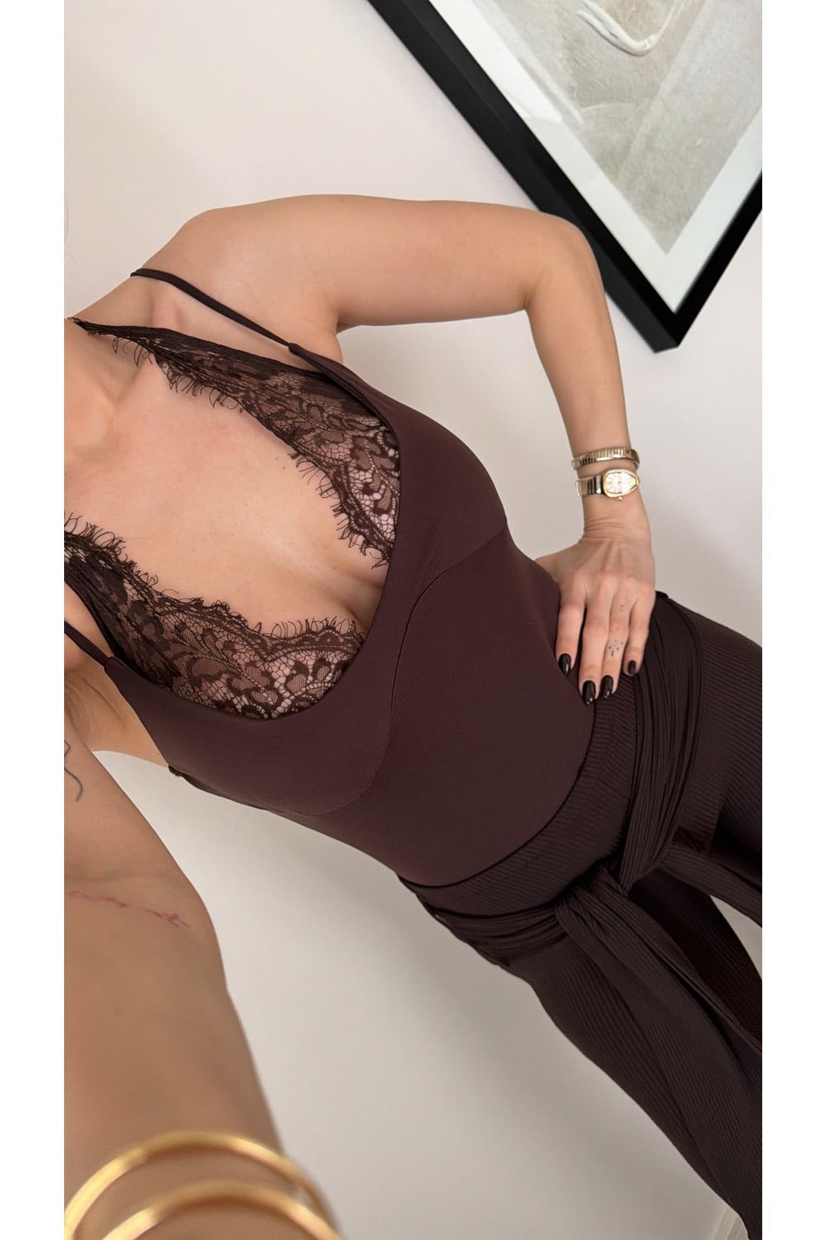 Lace Detail Bodysuit - Brown