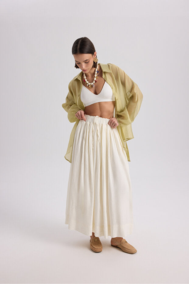 Gabbiano Lace-Up Pleated Ecru Linen Skirt - 1