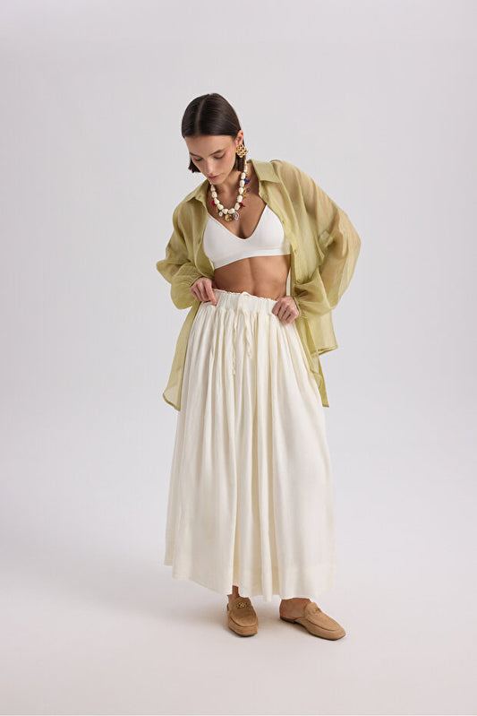 Gabbiano Lace-Up Pleated Ecru Linen Skirt - 1