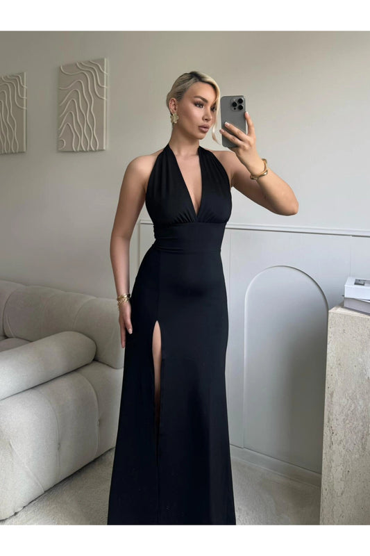 Halter Neck Back-Tie Slit Maxi Dress - Black