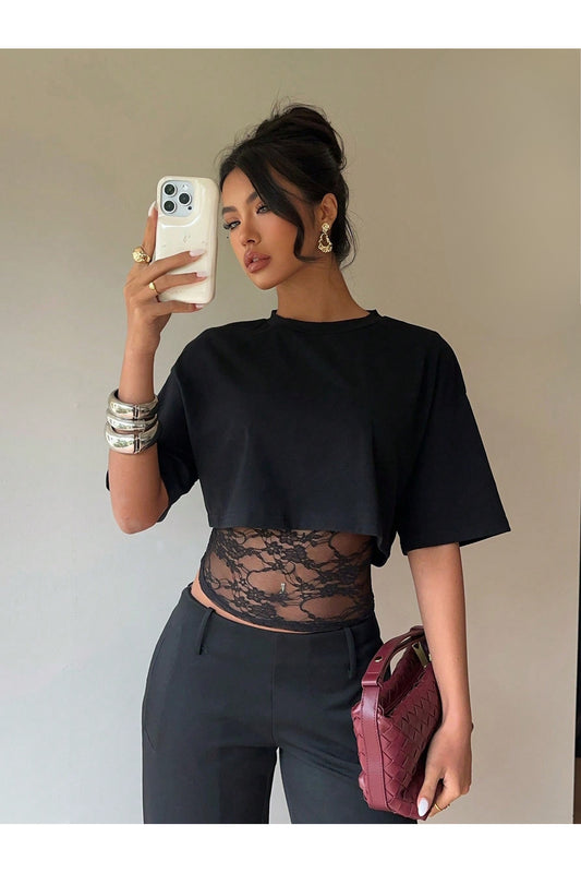 Lace Detail Round Neck Crop T-Shirt - Black