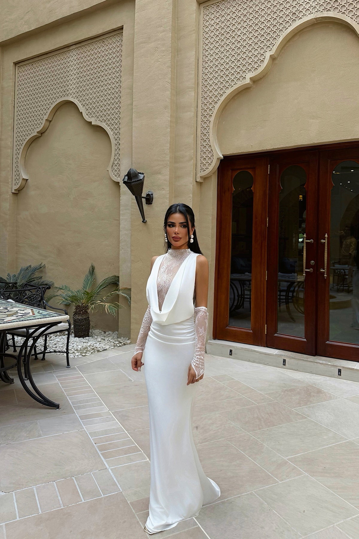 "Palisades" Lace Off-Shoulder Long Sleeve Evening Dress with Gloves - White