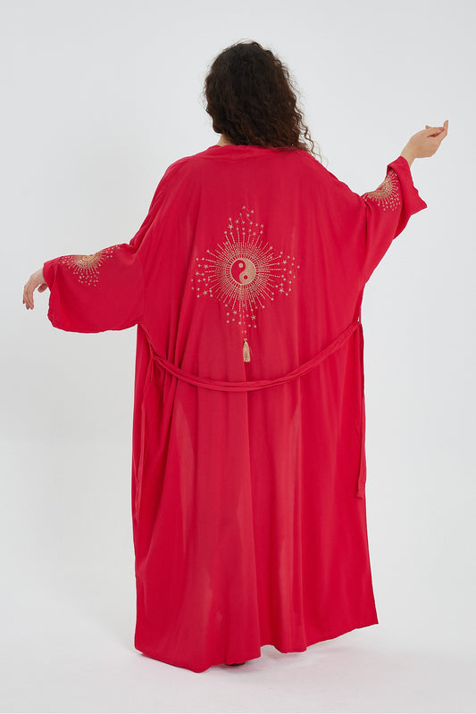 Denis Moda Women's Embroidered Belted Kimono – Red
