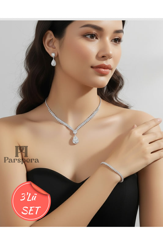 Parspera silver zircon drop jewelry set