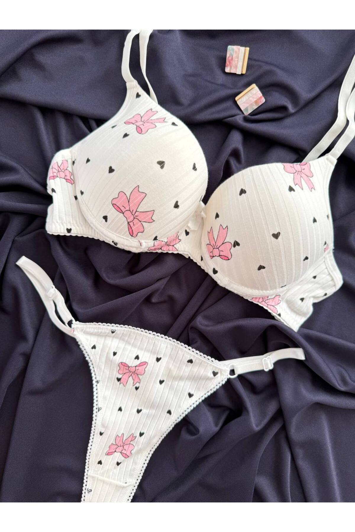 İNKO ribbon bow bra and thong set white detail
