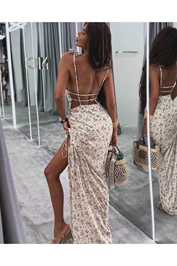 Women's Flower Patterned Backless Slit Dress - Image 2