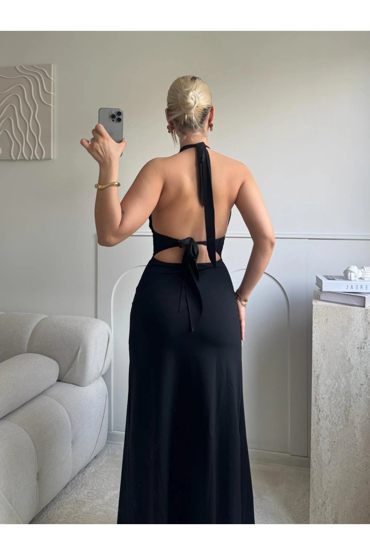 Halter Neck Back-Tie Slit Maxi Dress - Black
