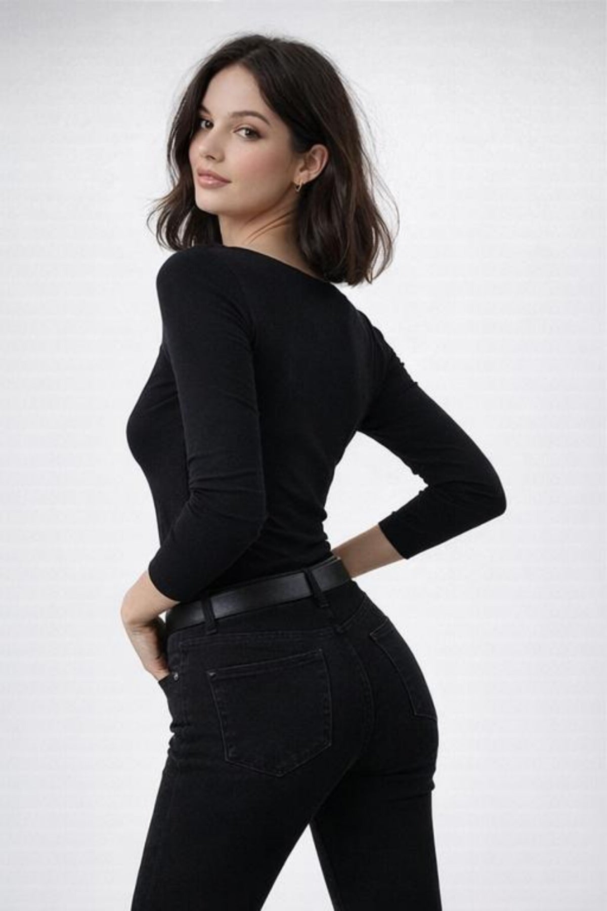 Tie-Front Lace Long Sleeve Blouse - Black