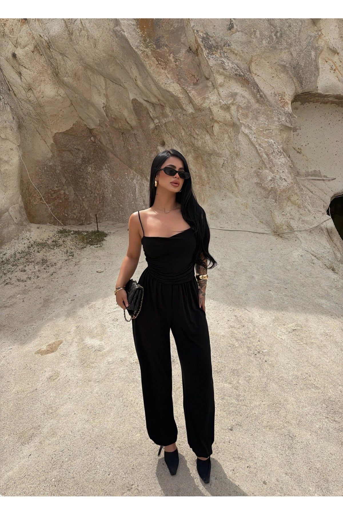 Black Luxe Draped Strap Jumpsuit