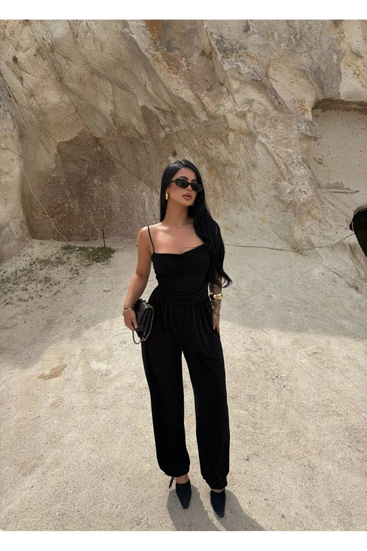 Black Luxe Draped Strap Jumpsuit