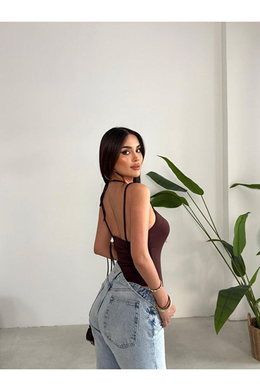 Backless Lace Women's Bodysuit - Brown