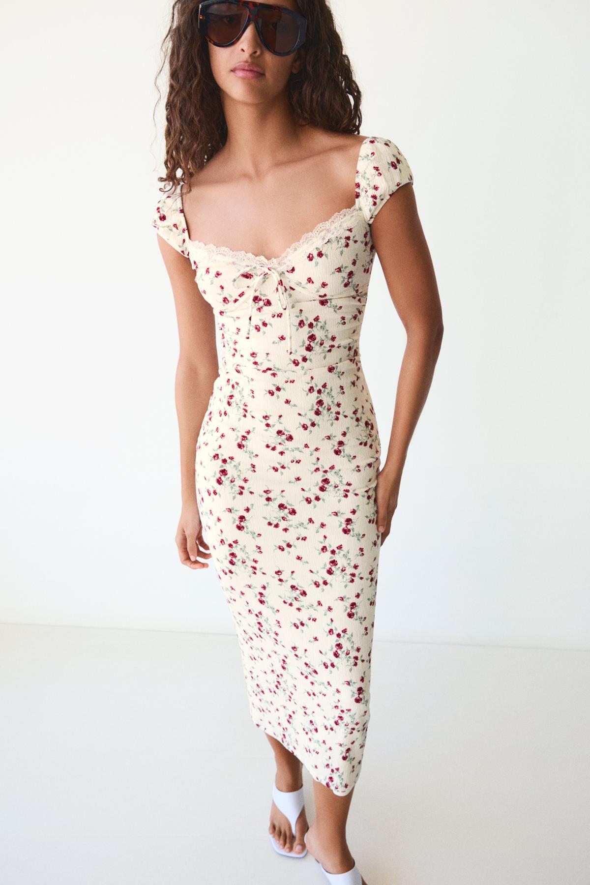 Bershka Lace Crinkle Midi Dress Cream