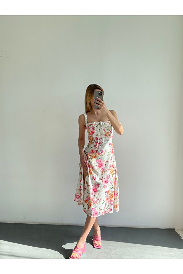 Women's White Floral Patterned Slit Midi Dress - Detail 2