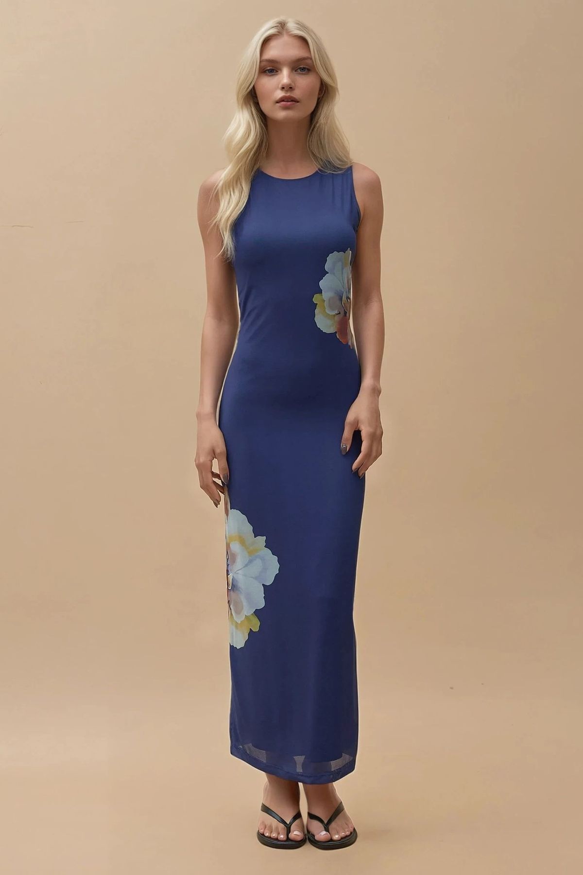 Hiccup Floral Crew-Neck Bodycon Maxi Dress – Navy