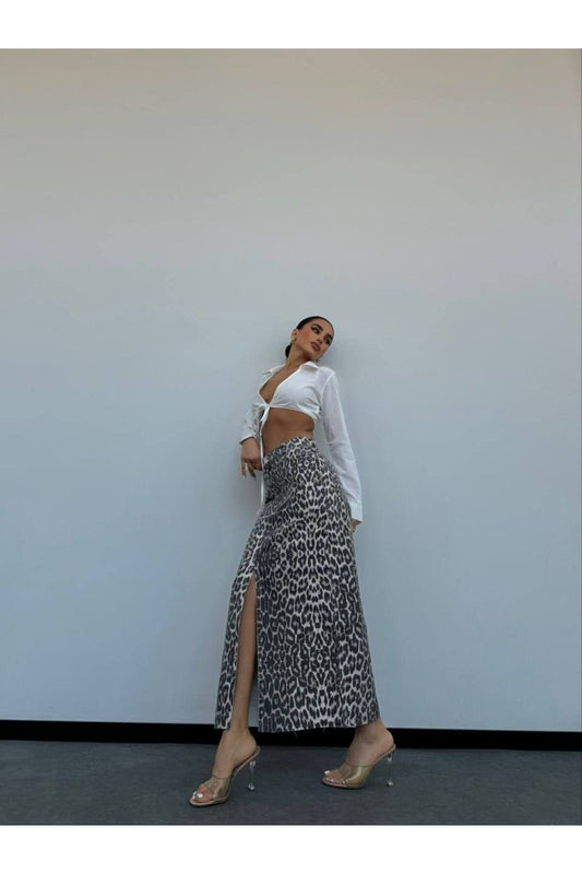 Leopard Print Long Denim Skirt - High Waist 100% Cotton
