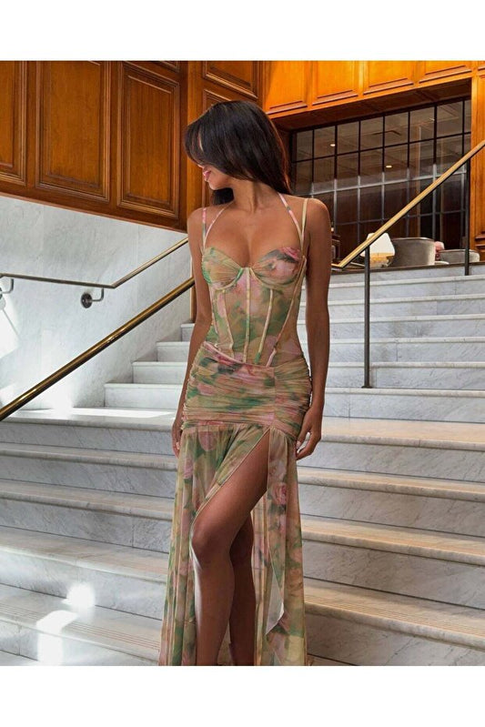 Digital Printed Slit Tulle Dress 1