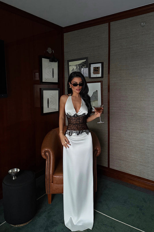 EYYO Bathy White Halter Lace Corset Satin Dress - Back
