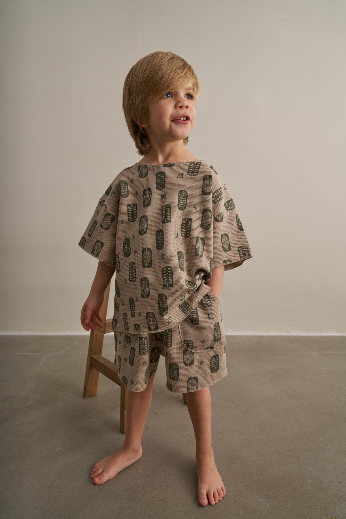 Kids mink waffle two-piece shorts set boho floral print