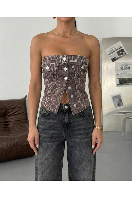 100% Cotton Denim Strapless Button-Front Crop Top