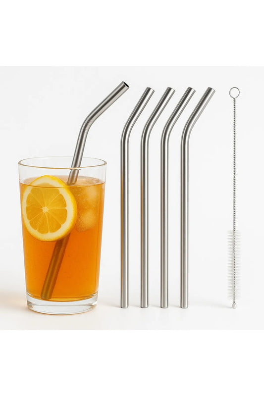 Stainless steel reusable drinking straws set 5 pieces with cleaning brush