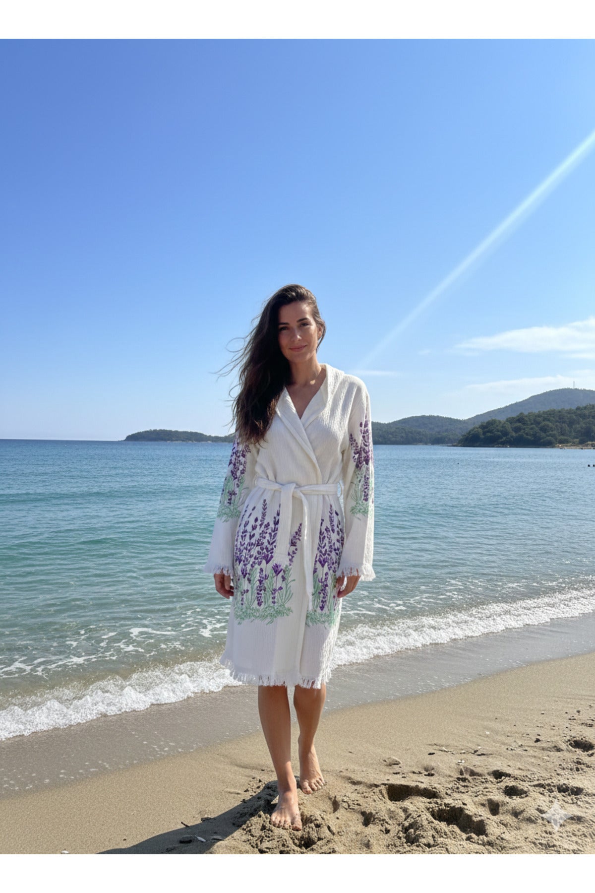 Lightweight lavender beach cover-up robe detail
