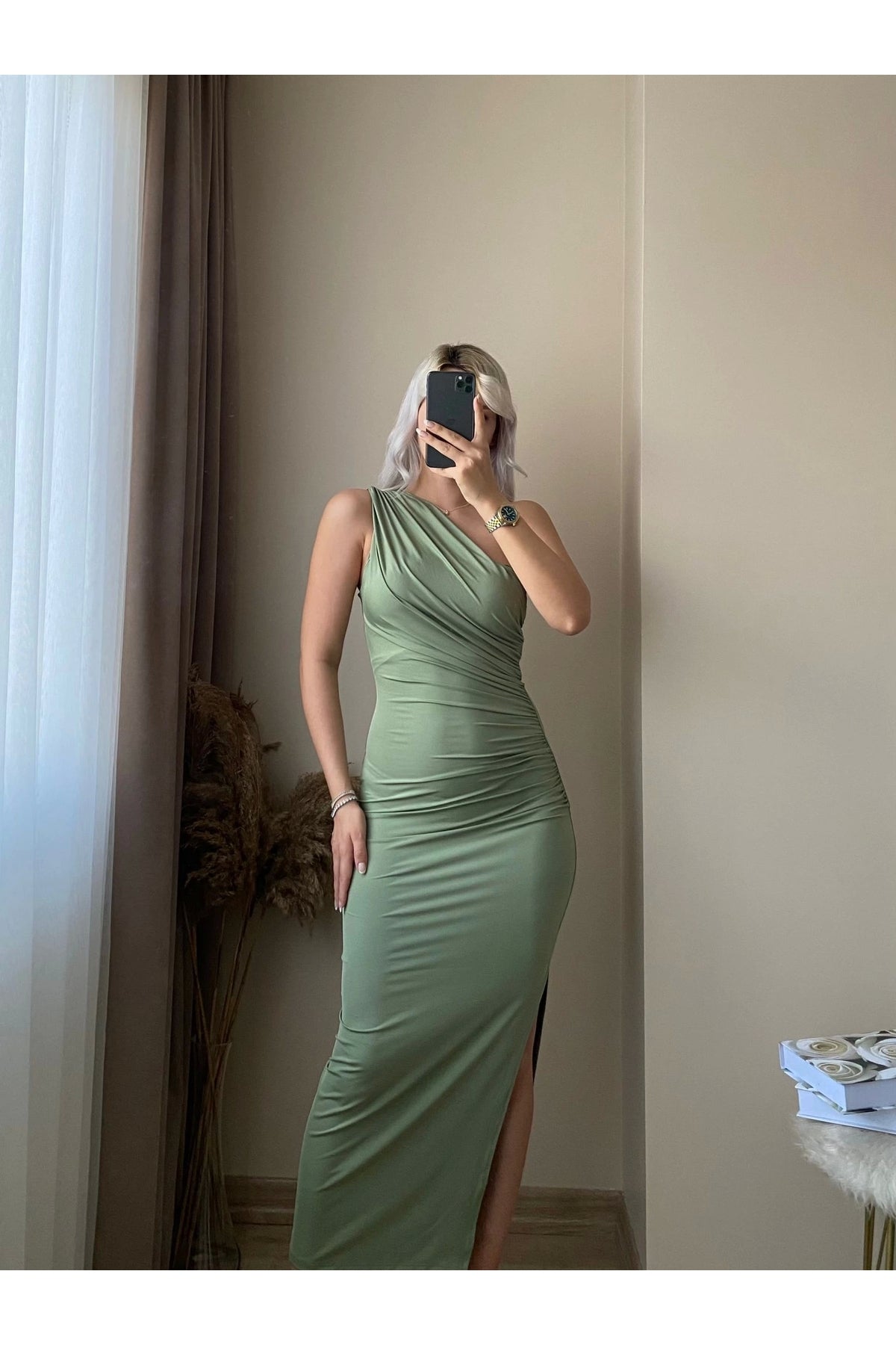 Shoulder Detail Draped Dress - Green