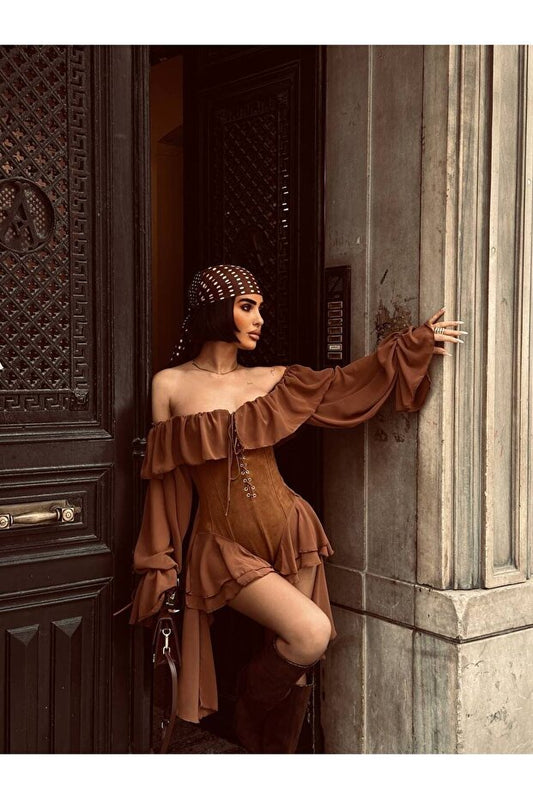 Women's Suede Detailed Design Jumpsuit - Brown - Image 1