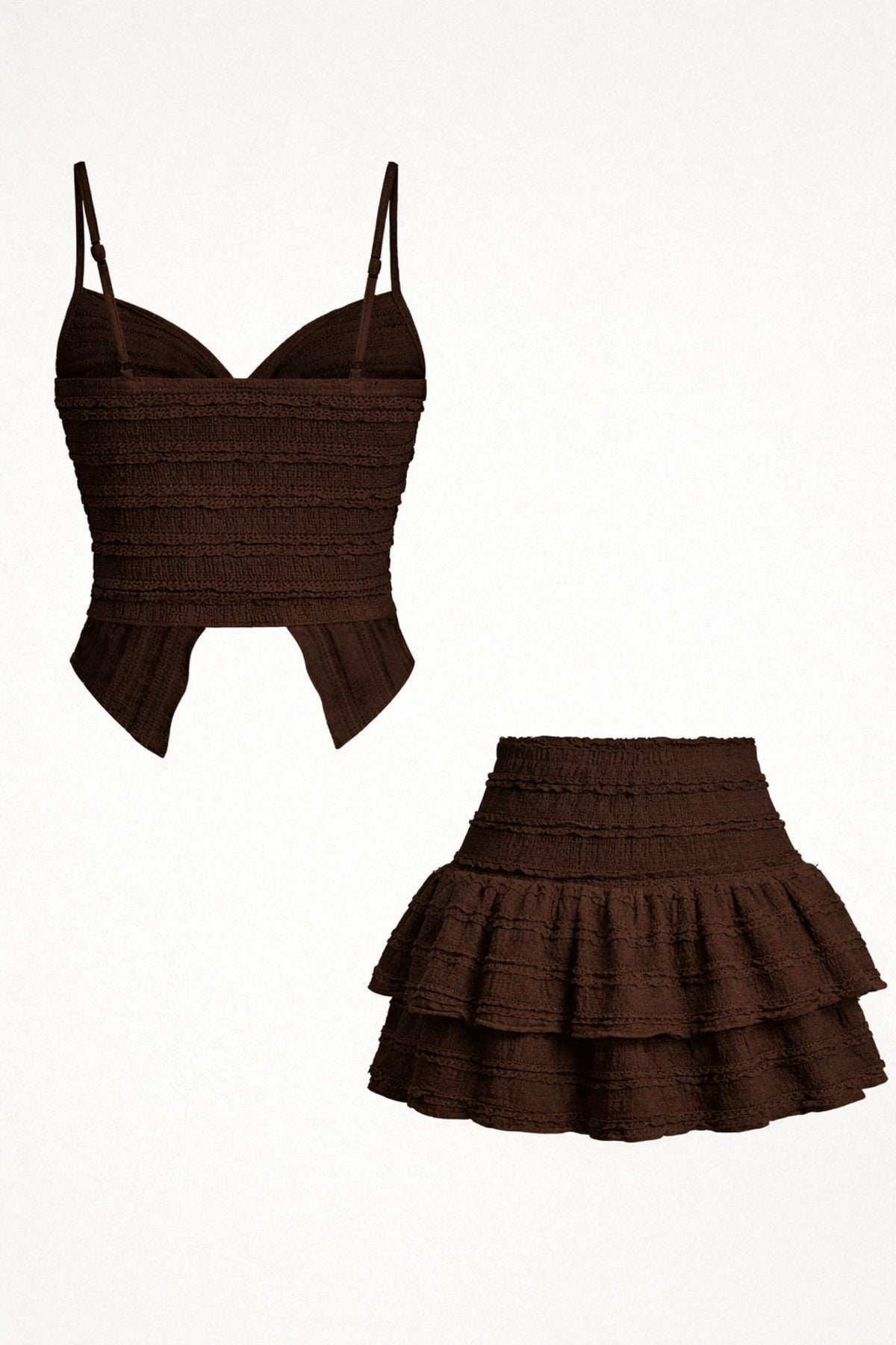 Ruffled Alaçatı Style Crop Blouse and Layered Mini Skort Set - Brown
