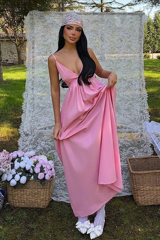 EYYO Stevie Pink V Neck Maxi Dress - Front