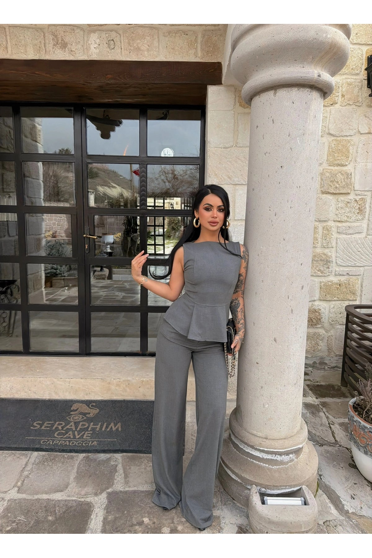 Grey Zero Sleeve Waist-fitted Set