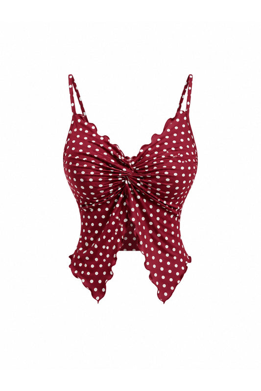 Front Knot Polka Dot Crop Top - Burgundy