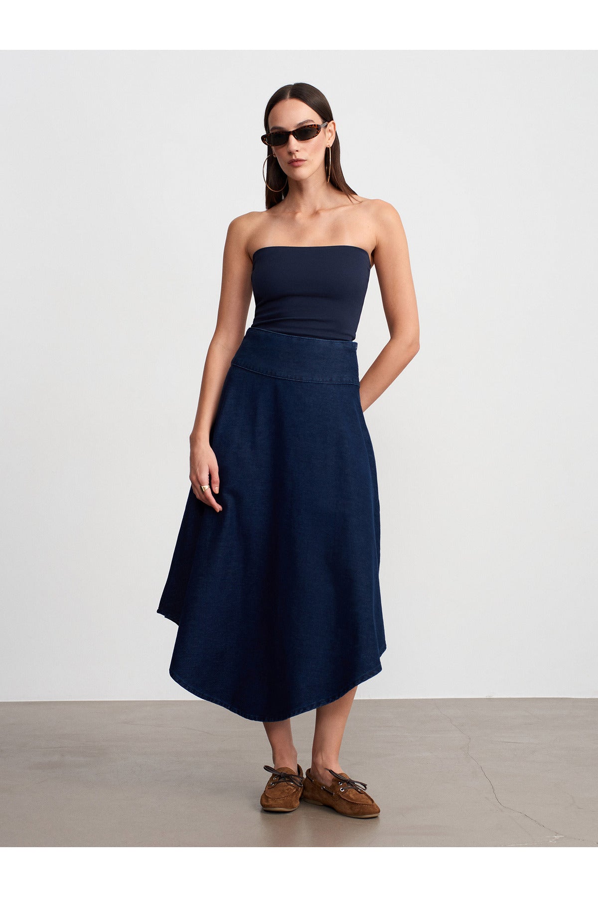 100% Cotton Denim Flared Midi Skirt - Navy