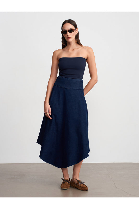 100% Cotton Denim Flared Midi Skirt - Navy