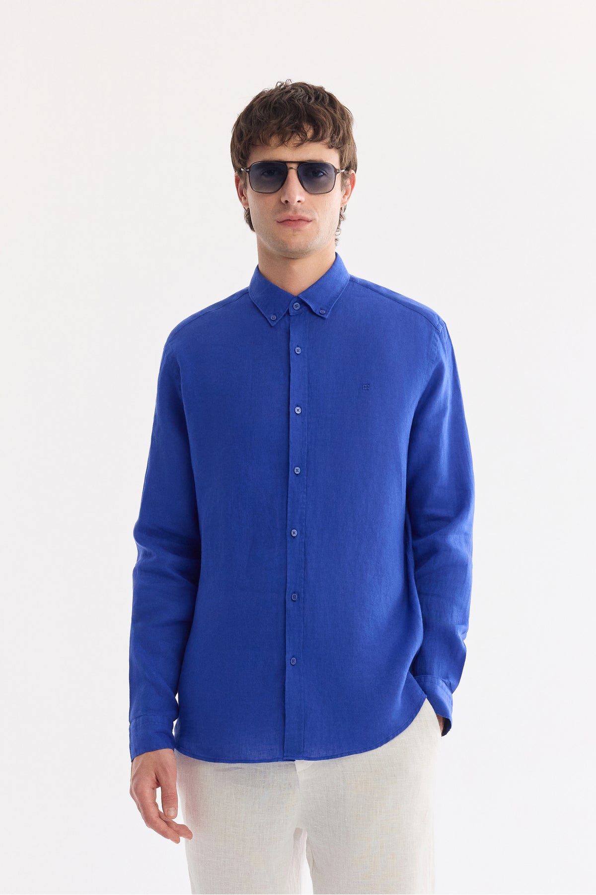 AVVA Men's Steel Blue Linen Shirt - Front