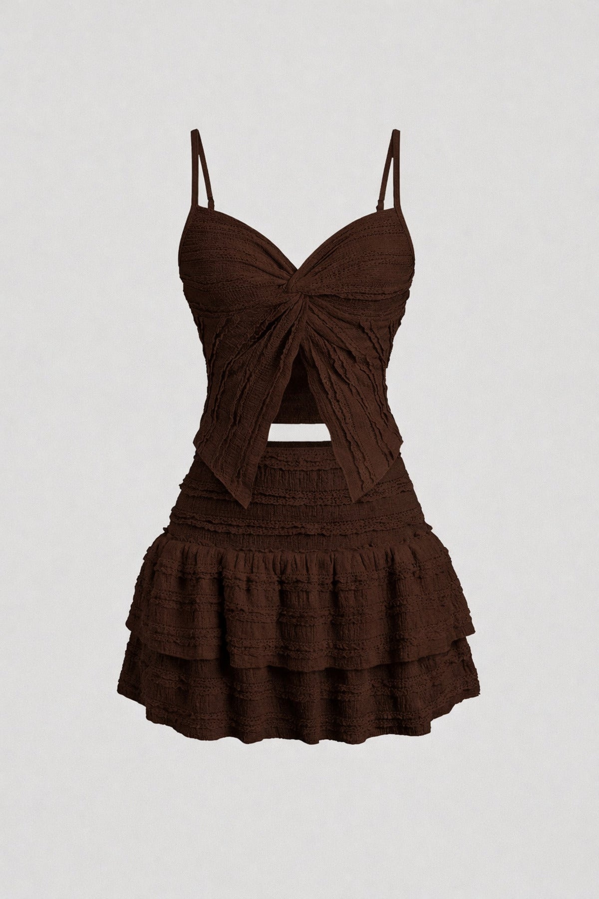 Ruffled Alaçatı Style Crop Blouse and Layered Mini Skort Set - Brown