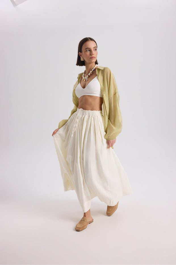 Gabbiano Lace-Up Pleated Ecru Linen Skirt - 2
