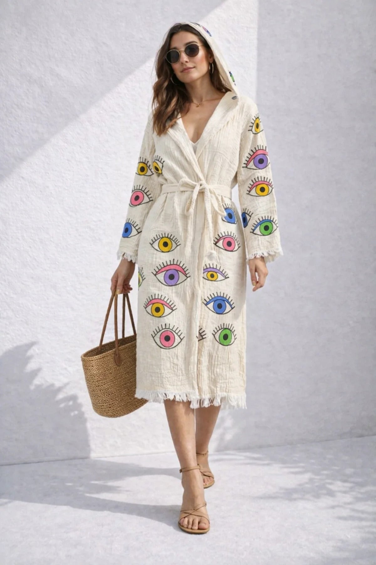 Caspara Muslin Cotton Beach Bornoz Kimono – Rainbow Eye Print