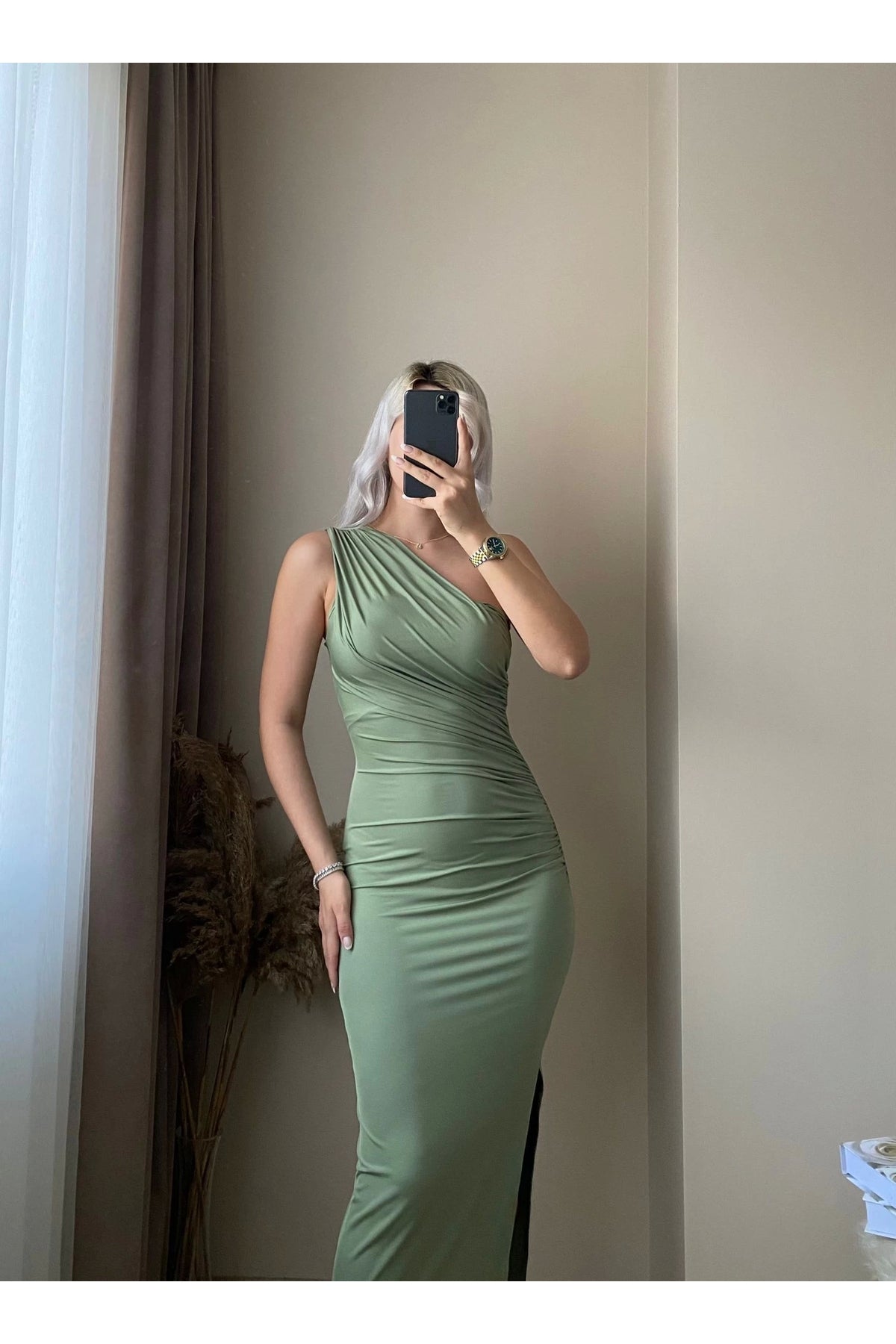Shoulder Detail Draped Dress - Green